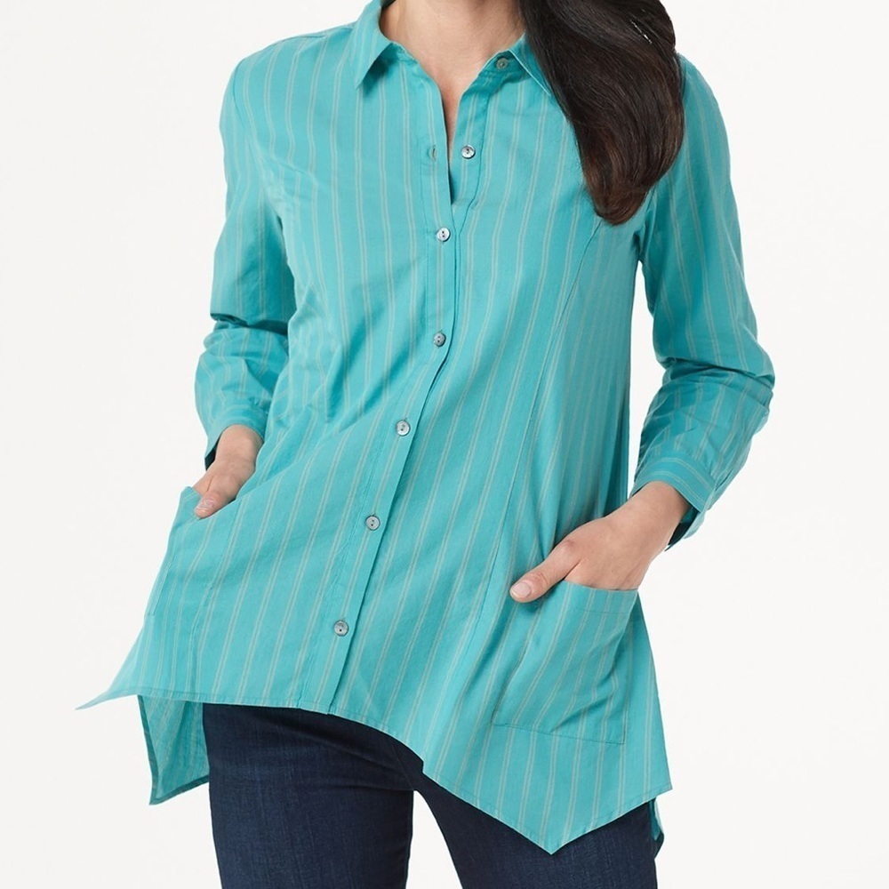Logo Lori Goldstein Turquoise striped Button Tunic NEW
